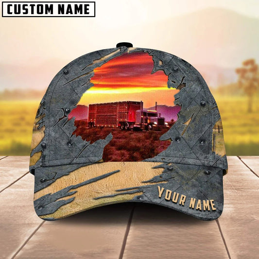 Customized Trucker Baseball Caps Hat, Red Truck Sunset And Steel Pattern Baseball Caps, Best Hat Gift For Trucker