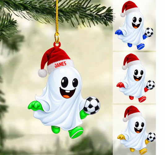 Personalized Soccer Christmas Ornament, Cute Ghost Holding Football Mascot, Custom Ornament Christmas Gift, Keychain Soccer, Car Ornament Soccer