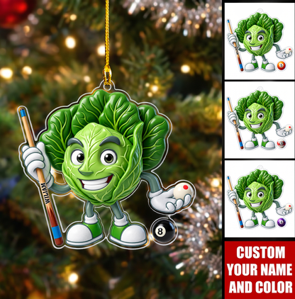 Personalized Billiards Christmas Ornament, Funny Cabbage Mascot Holding Pool Cue, Custom Ornament Christmas Gift, Keychain Billiards, Car Ornament Billiards