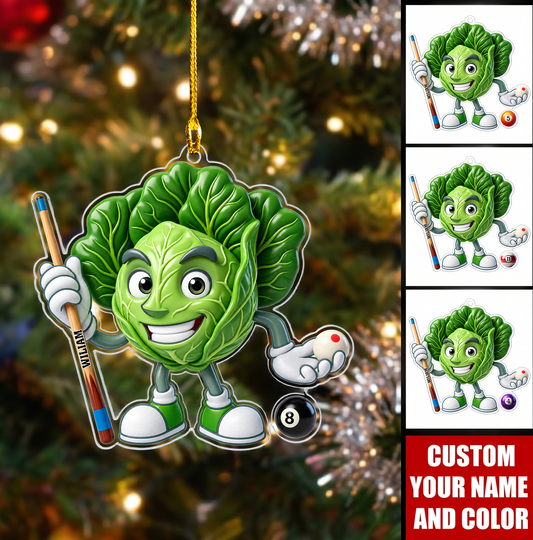 Personalized Billiards Christmas Ornament, Funny Cabbage Mascot Holding Pool Cue, Custom Ornament Christmas Gift, Keychain Billiards, Car Ornament Billiards