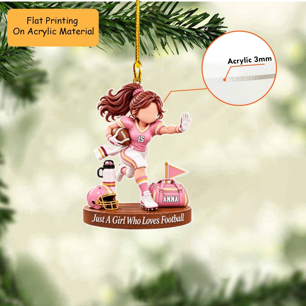 Personalized Girl Football Christmas Flat Printed Acrylic Ornament, Running Action With Field Setup, Custom Ornament Christmas Gift, Keychain Football, Car Ornament Football