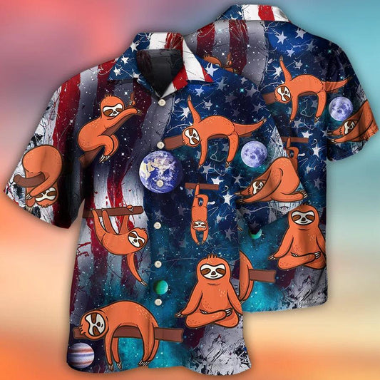 Yoga Aloha Hawaiian Shirt, Yoga Sloth Cute Hawaiian Shirt For Summer, Yoga American Flag Aloha Shirt - Perfect Gift For Men, Women, Yoga Lover, Friend - Amzanimalsgift