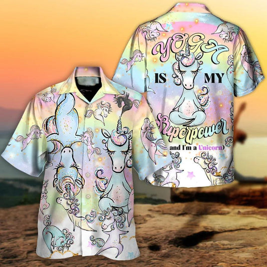 Yoga Aloha Hawaiian Shirt, Yoga Unicorn Hawaiian Shirt For Summer, Yoga Superpower Aloha Shirt - Perfect Gift For Men, Women, Yoga Lover, Friend - Amzanimalsgift