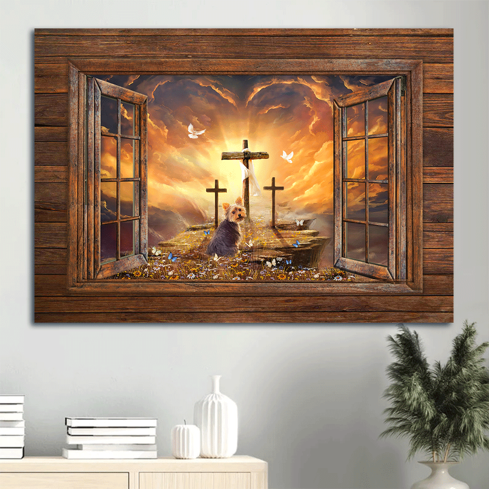 Yorkshire Landscape Canvas - Window frame, Sunset painting, Path to heaven, The three crosses, Jesus Landscape Canvas- Gift for, Dog Lovers, Christian - Amzanimalsgift