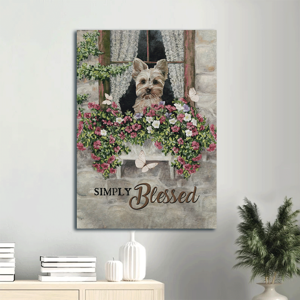 Yorkshire Terrier Dog Portrait Canvas - Yorkshire Terrier, Beautiful flower garden, Butterfly, Jesus Canvas - Simply blessed Canvas - Gift for Yorkshire Terrier, Dog Lovers, Christian, Friends, Family - Amzanimalsgift