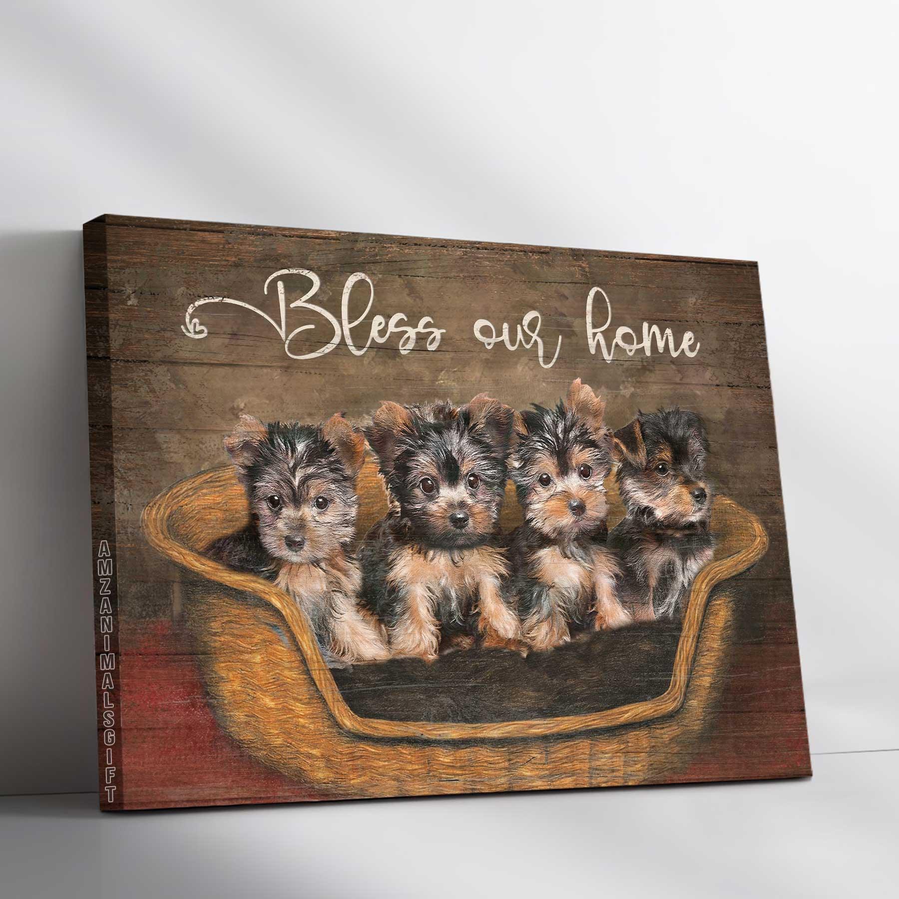 Yorkshire Terrier Landscape Premium Wrapped Canvas- Little Yorkshire Terriers Canvas- Bless Our Home Dogs Landscape Canvas Prints - Gift For Dog Lover - Amzanimalsgift