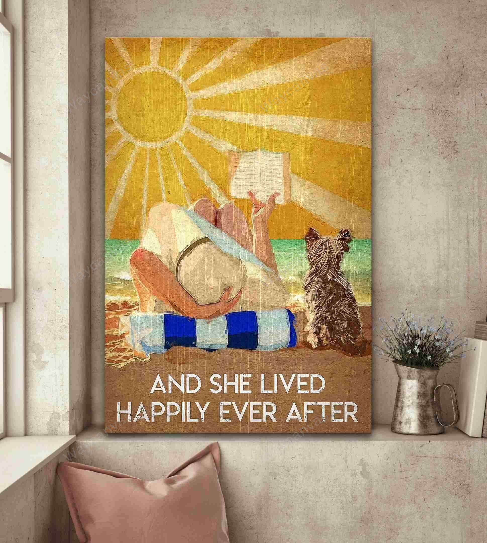 Yorkshire Terrier Portrait Canvas- Beautiful girl, Yorkshire Terrier, Sand beach, Sunshine canvas- Gift for Yorkshire Terrier lover-And she lives happily ever after - Amzanimalsgift