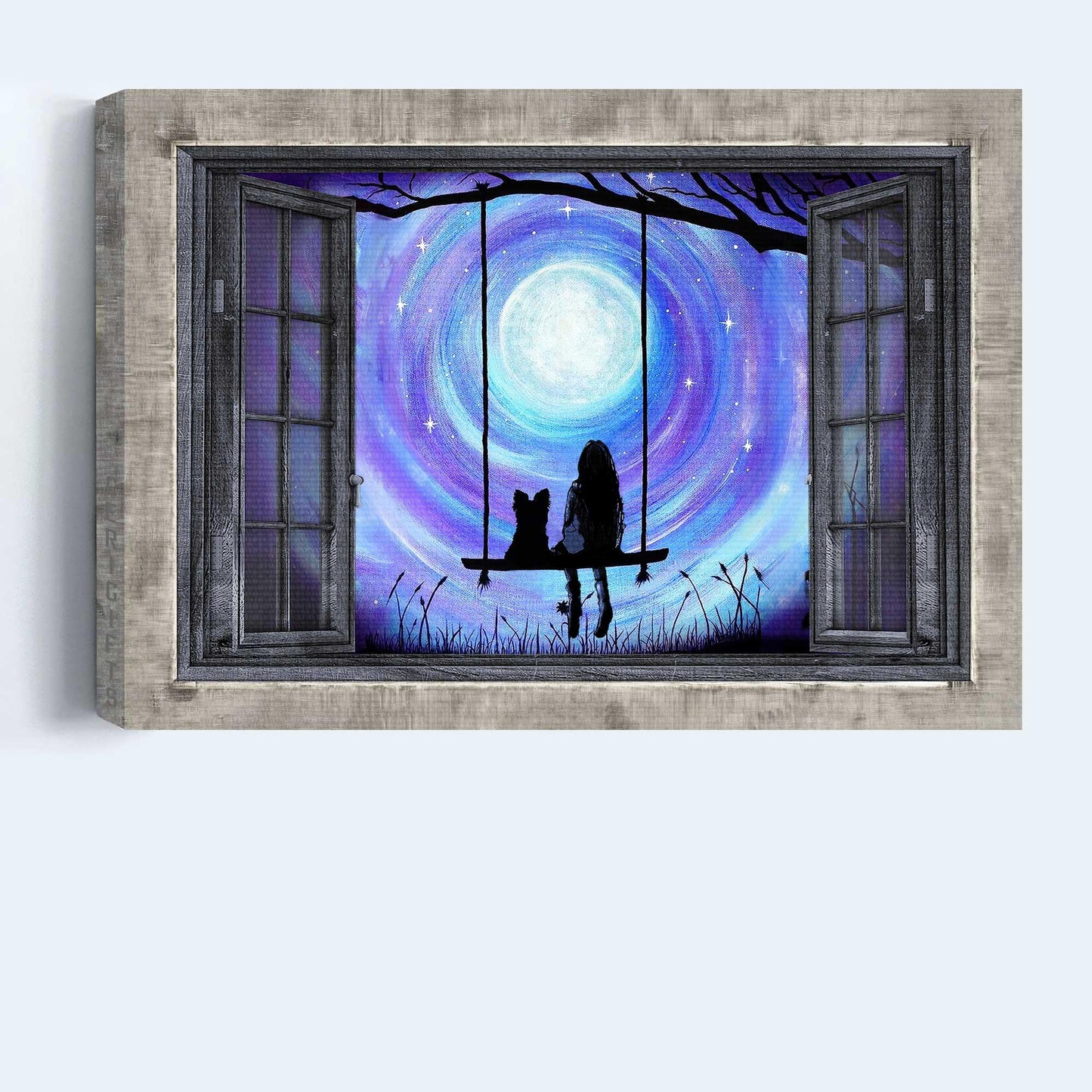 Yorkshire Terrier Premium Wrapped Landscape Canvas - Yorkshire Terrier, Girl, Swing, Mystery Night, Window Frame - Gift For Yorkshire Terrier Lovers - Amzanimalsgift