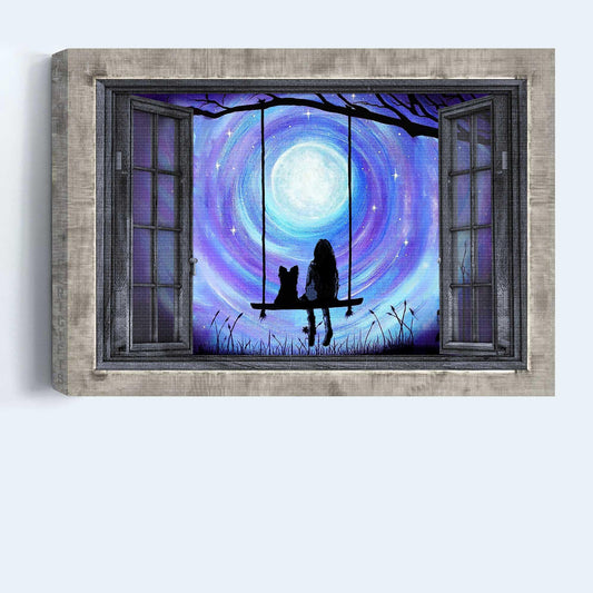Yorkshire Terrier Premium Wrapped Landscape Canvas - Yorkshire Terrier, Girl, Swing, Mystery Night, Window Frame - Gift For Yorkshire Terrier Lovers - Amzanimalsgift