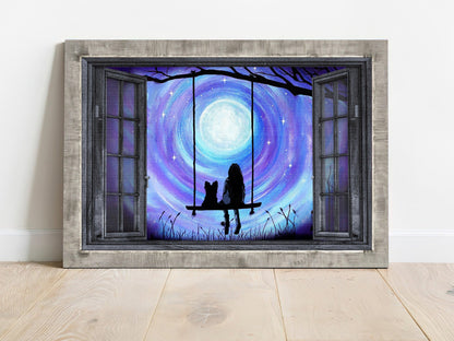 Yorkshire Terrier Premium Wrapped Landscape Canvas - Yorkshire Terrier, Girl, Swing, Mystery Night, Window Frame - Gift For Yorkshire Terrier Lovers - Amzanimalsgift