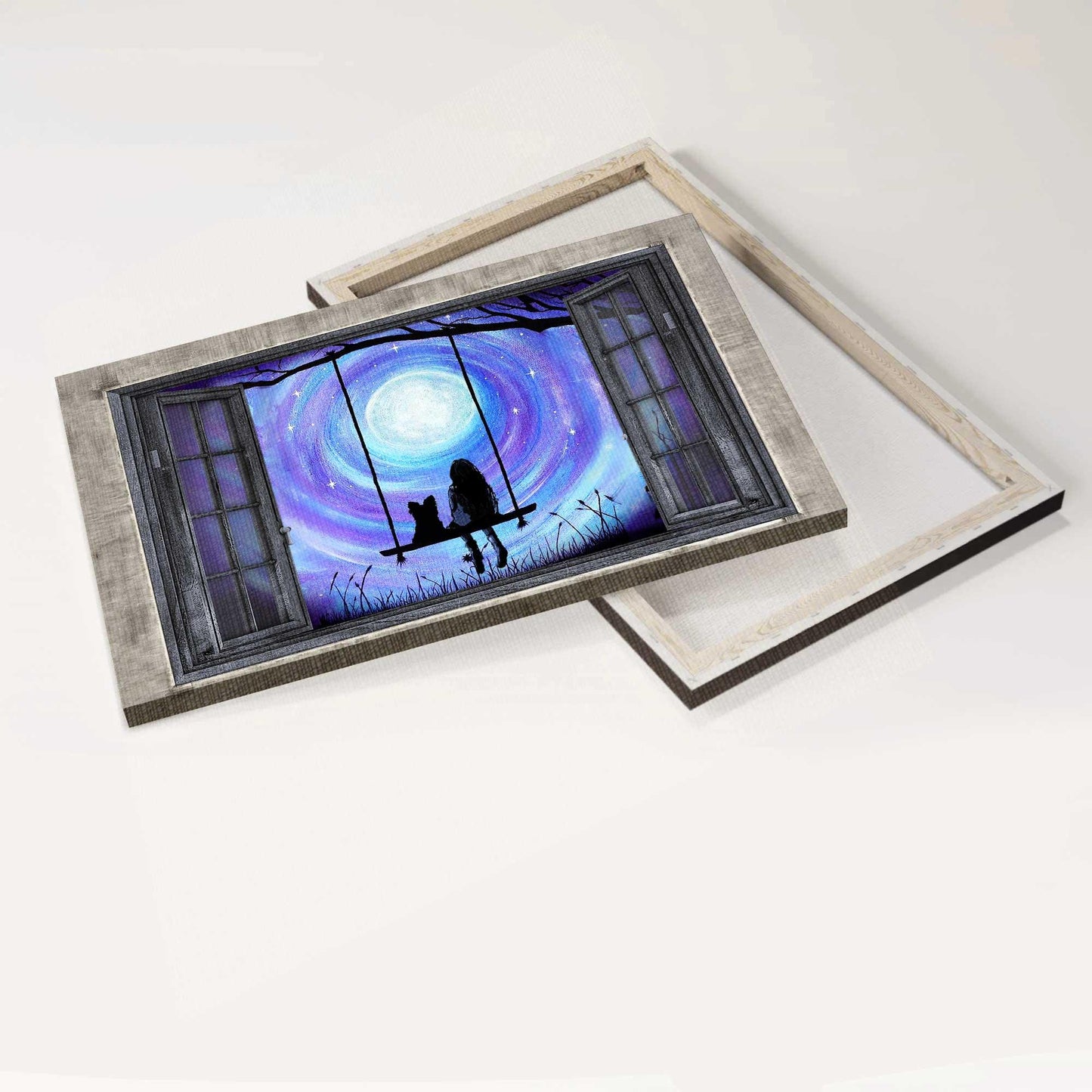 Yorkshire Terrier Premium Wrapped Landscape Canvas - Yorkshire Terrier, Girl, Swing, Mystery Night, Window Frame - Gift For Yorkshire Terrier Lovers - Amzanimalsgift