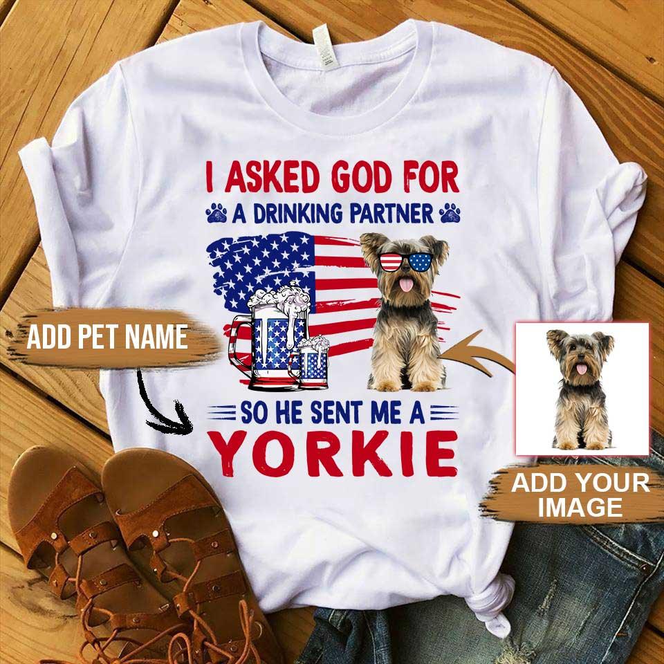 Yorkshire Terrier Unisex T Shirt Custom, Customize Name & Photo I Asked God For Yorkie Personalized American Flag Unisex T Shirt - Gift For Dog Lovers - Amzanimalsgift