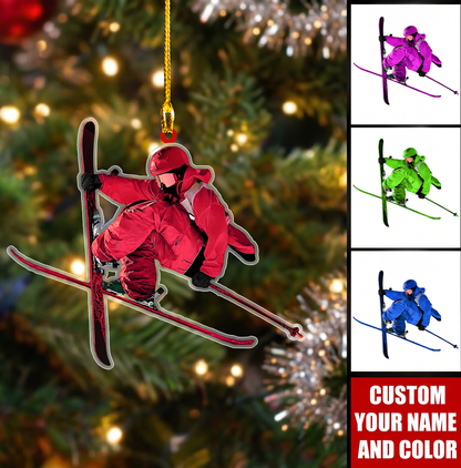Personalized Skiing Christmas Flat Printed Acrylic Ornament, Downhill Ski Jumping Action, Custom Ornament Christmas Gift, Keychain Skiing, Car Ornament Skiing