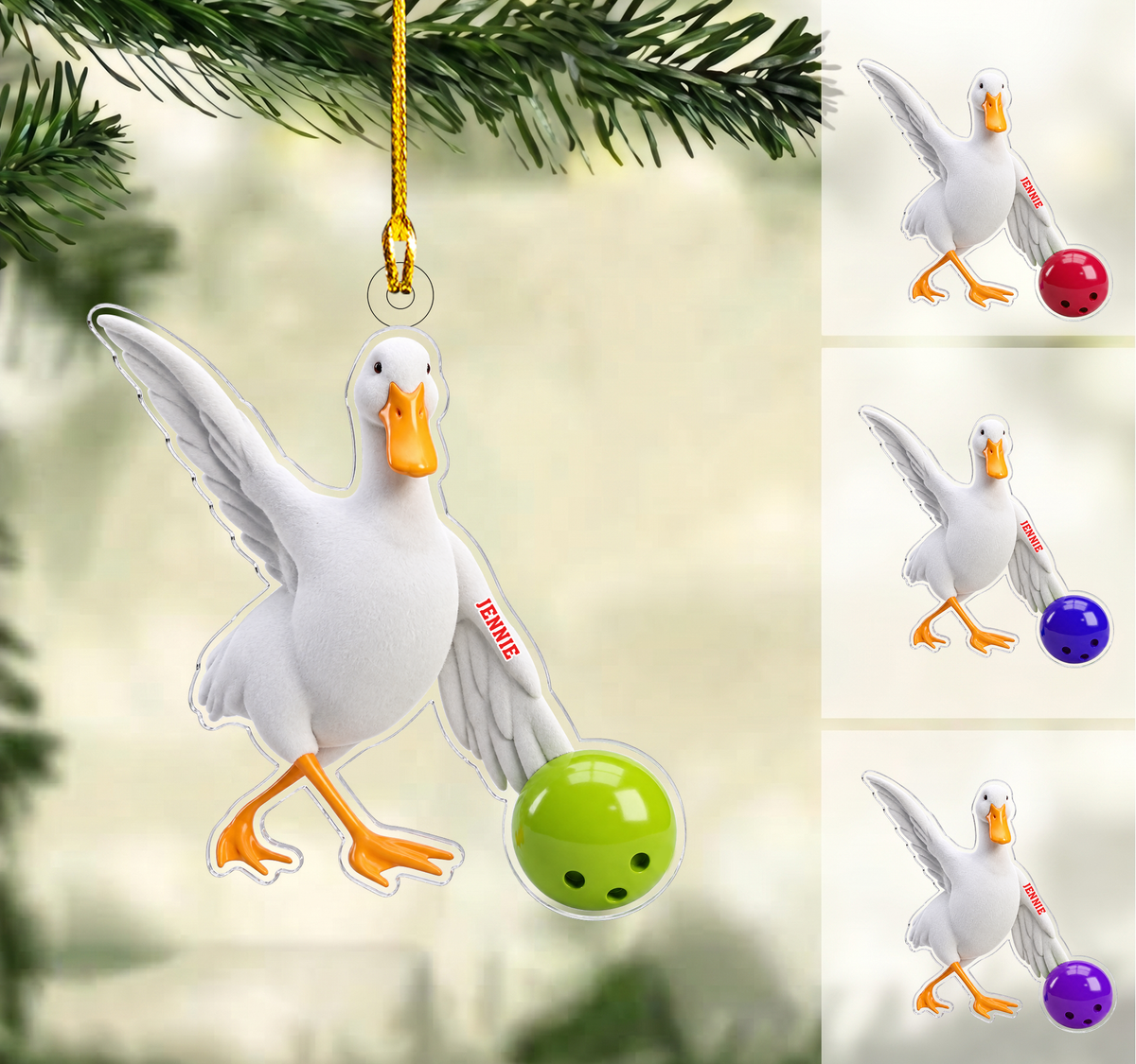 Personalized Bowling Christmas Ornament, Funny White Duck Rolling Ball, Custom Ornament Christmas Gift, Keychain Bowling, Car Ornament Bowling