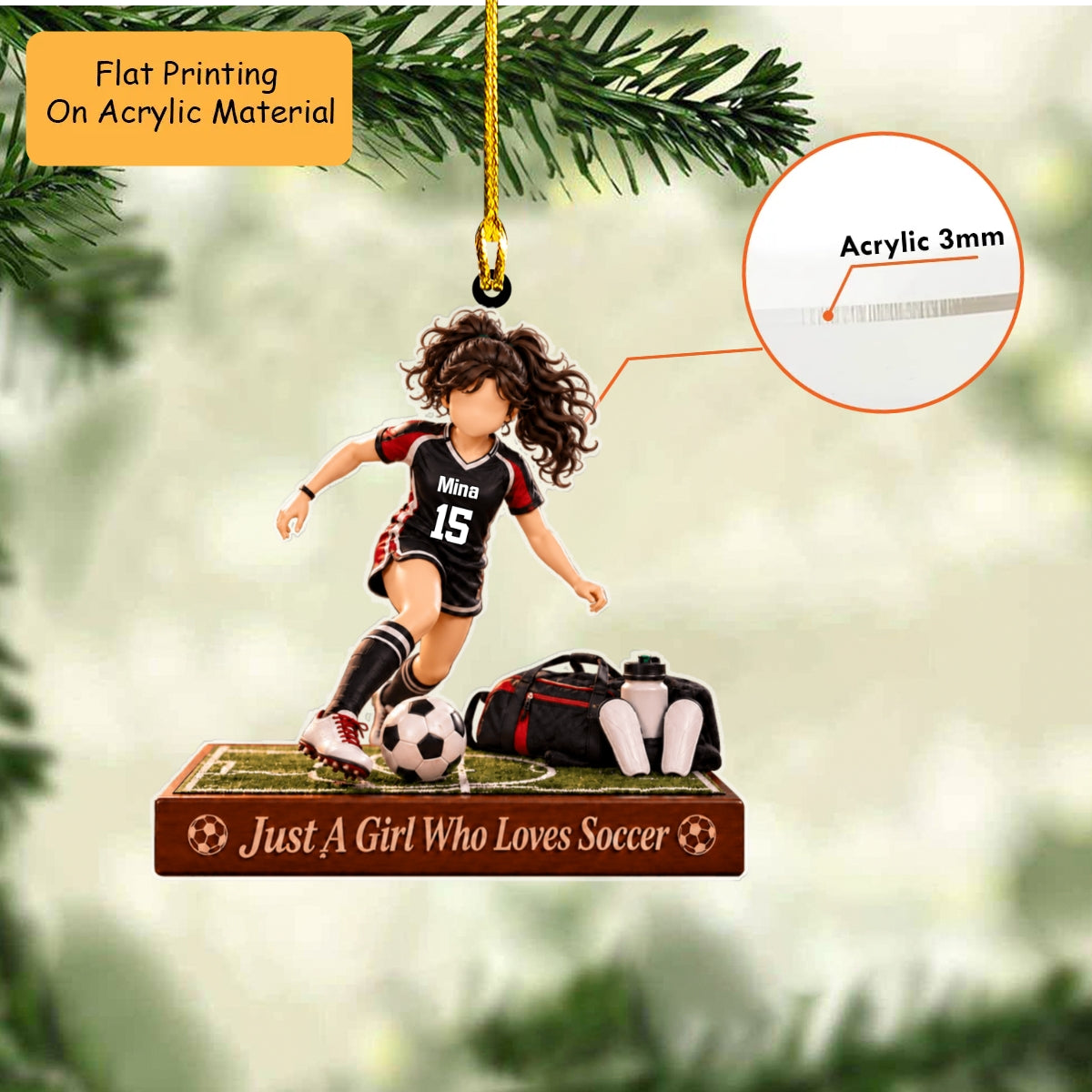 Personalized Girl Soccer Christmas Flat Printed Acrylic Ornament, Dribbling Action With Field Setup, Custom Ornament Christmas Gift, Keychain Soccer, Car Ornament Soccer