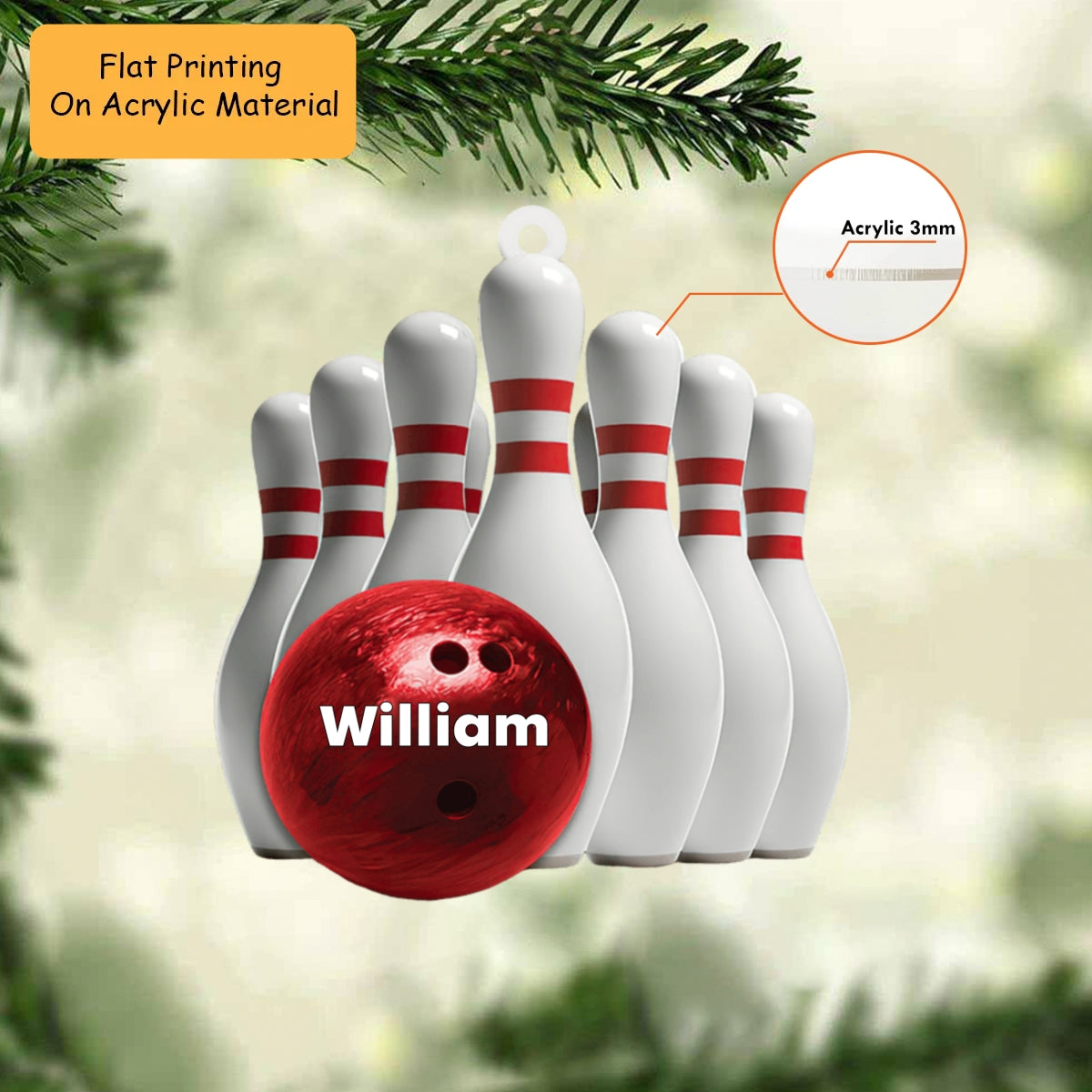 Personalized Bowling Ball Holding Pins Acrylic Ornament, Bowling Keychain, Car Ornament, Christmas Ornament Gifts