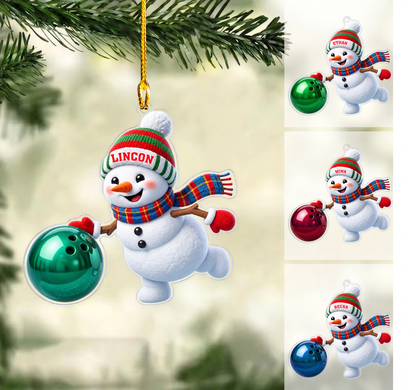 Personalized Bowling Christmas Ornament, Cute Snowman Throwing Ball, Custom Ornament Christmas Gift, Keychain Bowling, Car Ornament Bowling