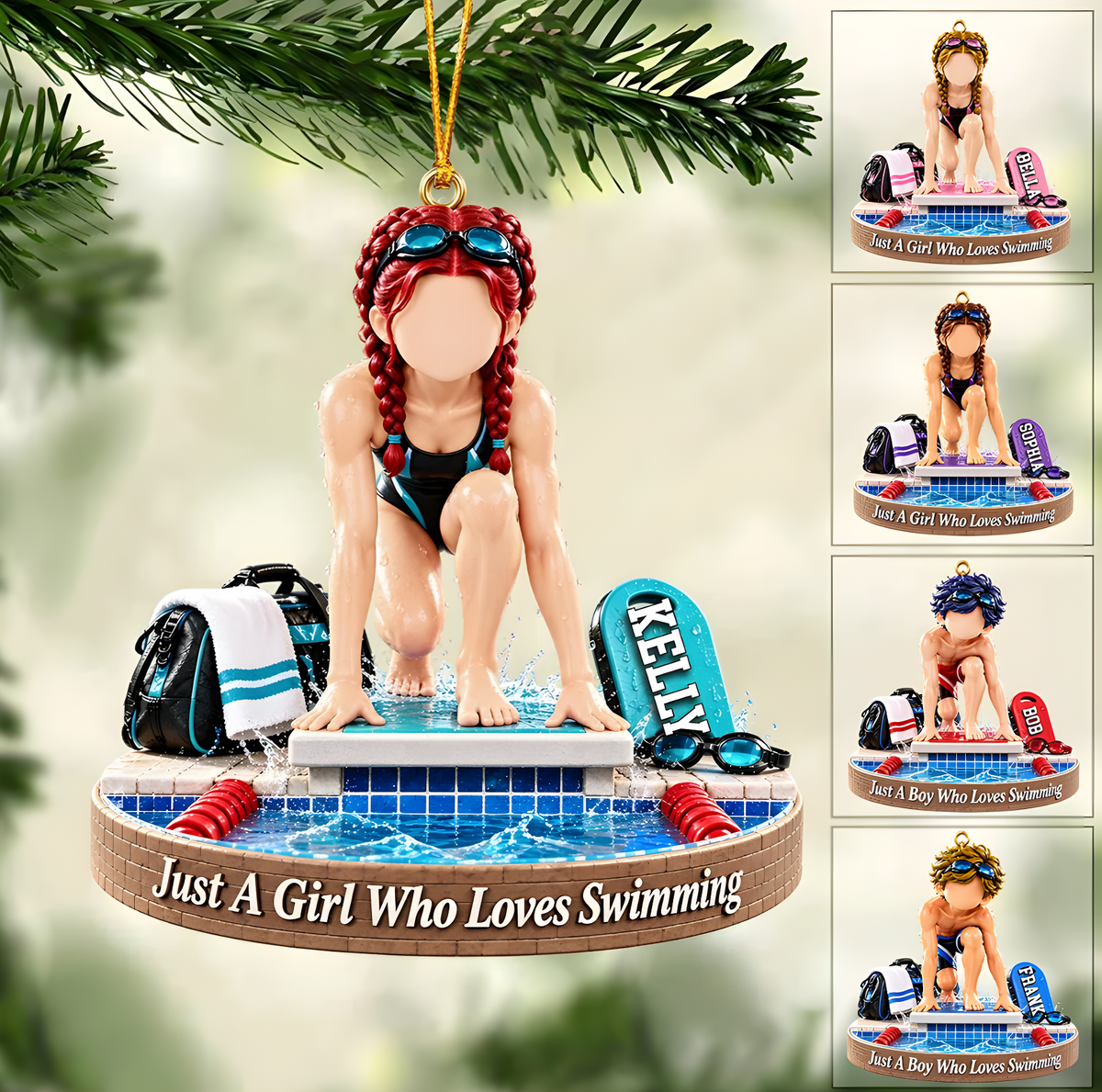 Personalized Swimming Christmas Ornament, Just A Girl Who Loves Swimming Block Setup, Custom Ornament Christmas Gift, Keychain Swimming, Car Ornament Swimming
