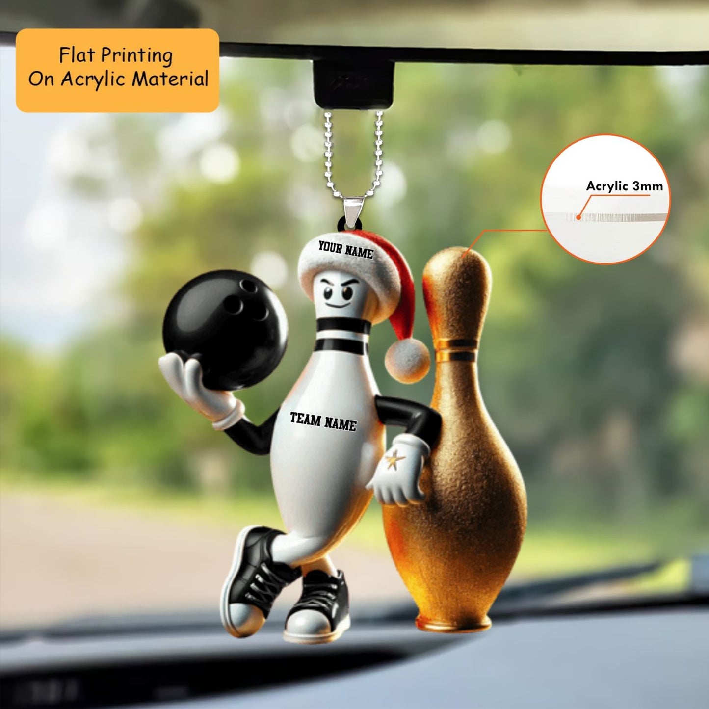 Personalized Bowling Ball Holding Pins Acrylic Ornament, Bowling Keychain, Car Ornament, Christmas Ornament Gifts