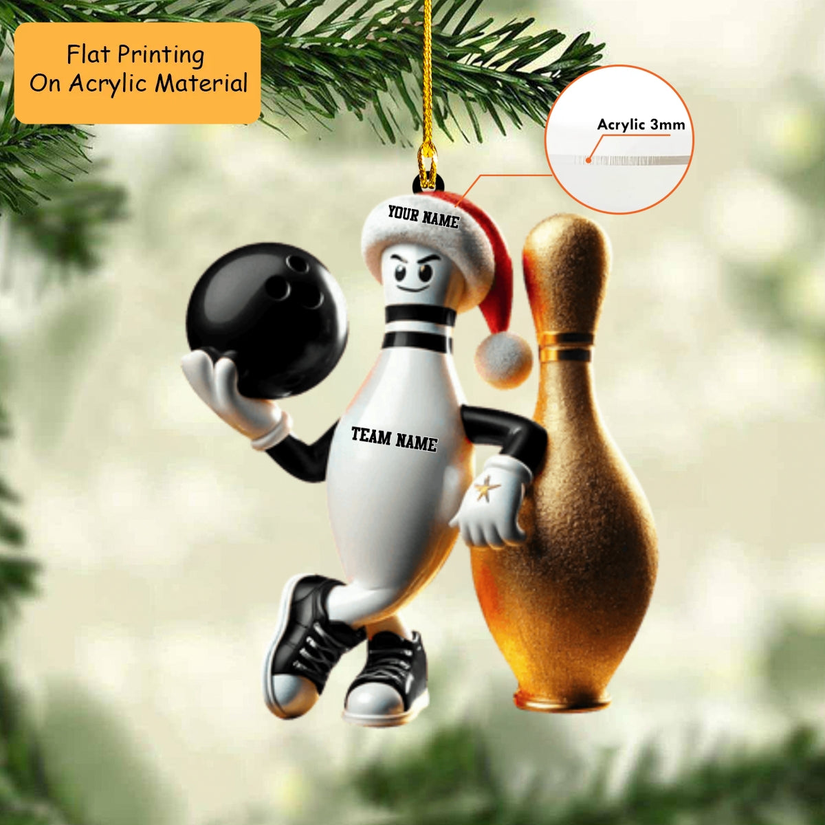 Personalized Bowling Ball Holding Pins Acrylic Ornament, Bowling Keychain, Car Ornament, Christmas Ornament Gifts