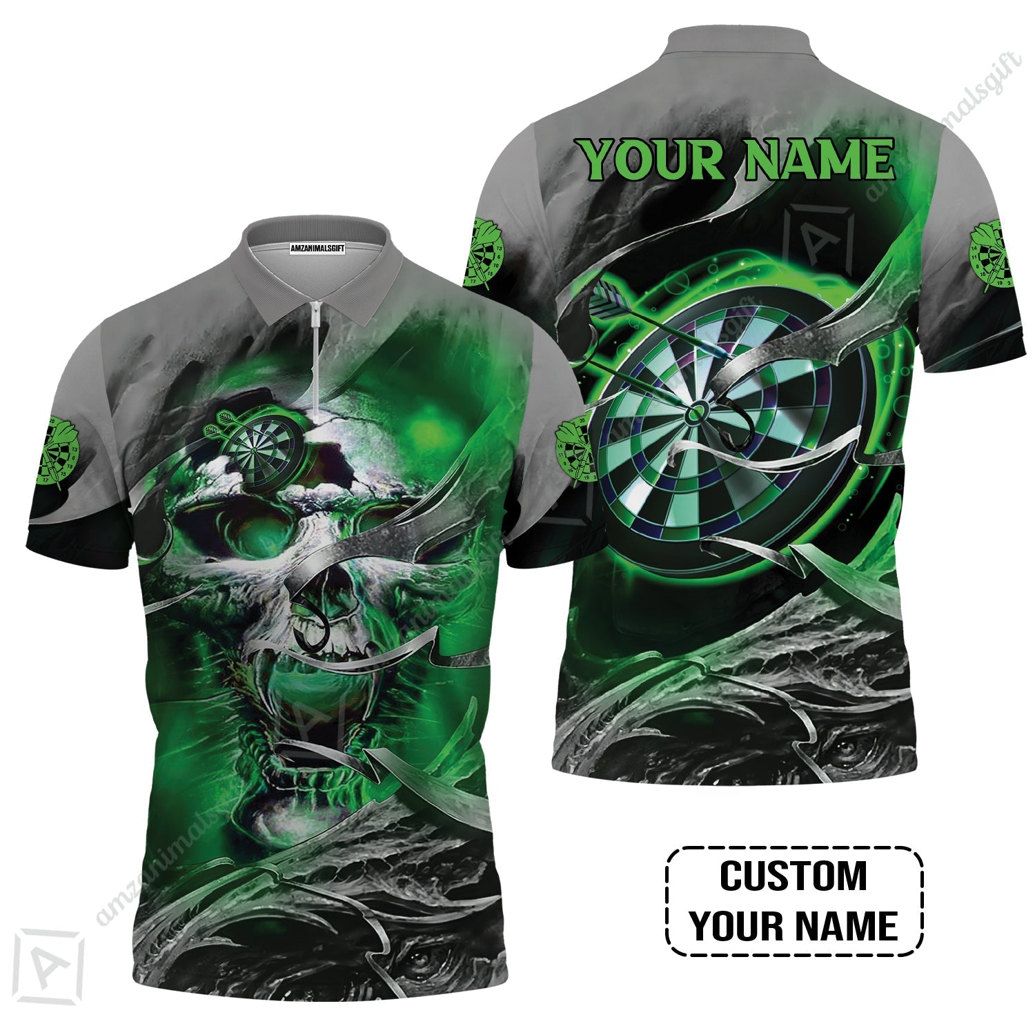 Customized Name Darts Zip Polo Shirt, Green Skull Light Dartboard Personalized Zip Polo Shirt