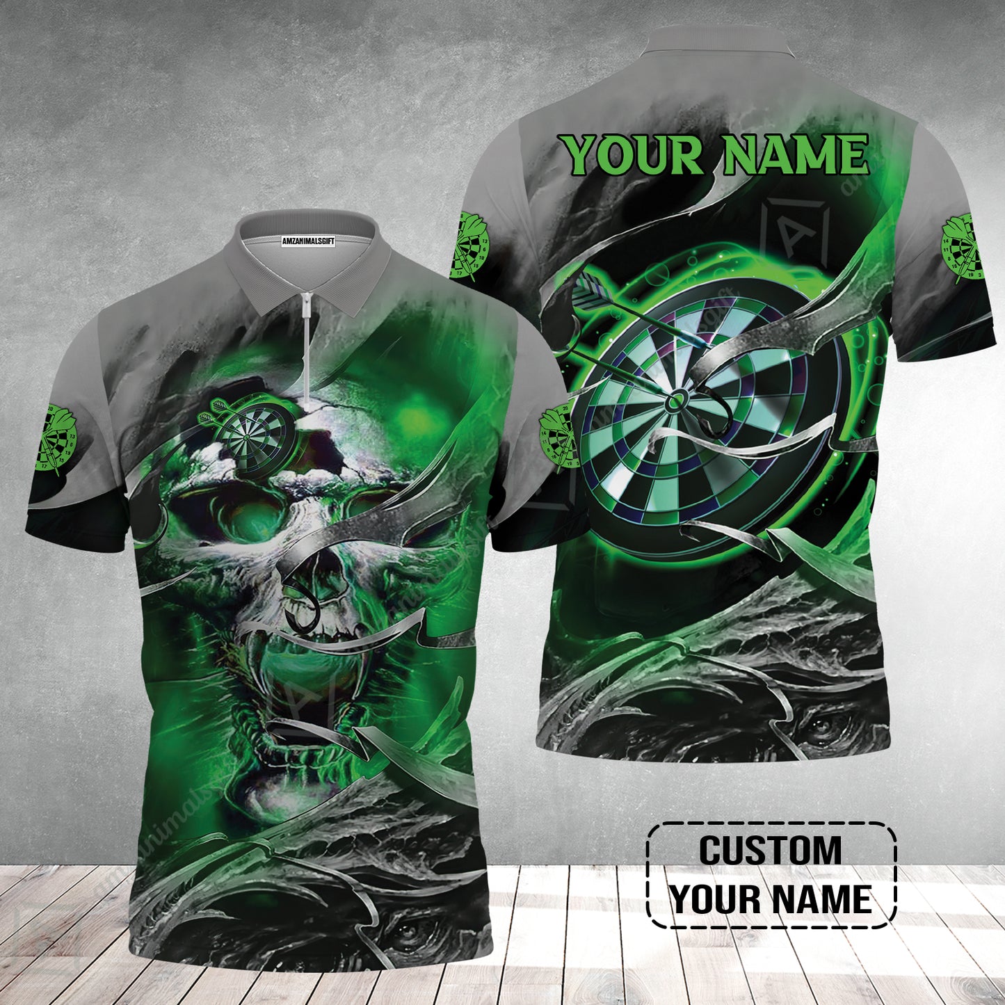 Customized Name Darts Zip Polo Shirt, Green Skull Light Dartboard Personalized Zip Polo Shirt