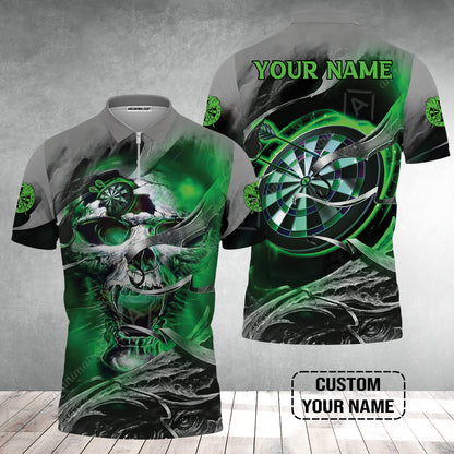 Customized Name Darts Zip Polo Shirt, Green Skull Light Dartboard Personalized Zip Polo Shirt