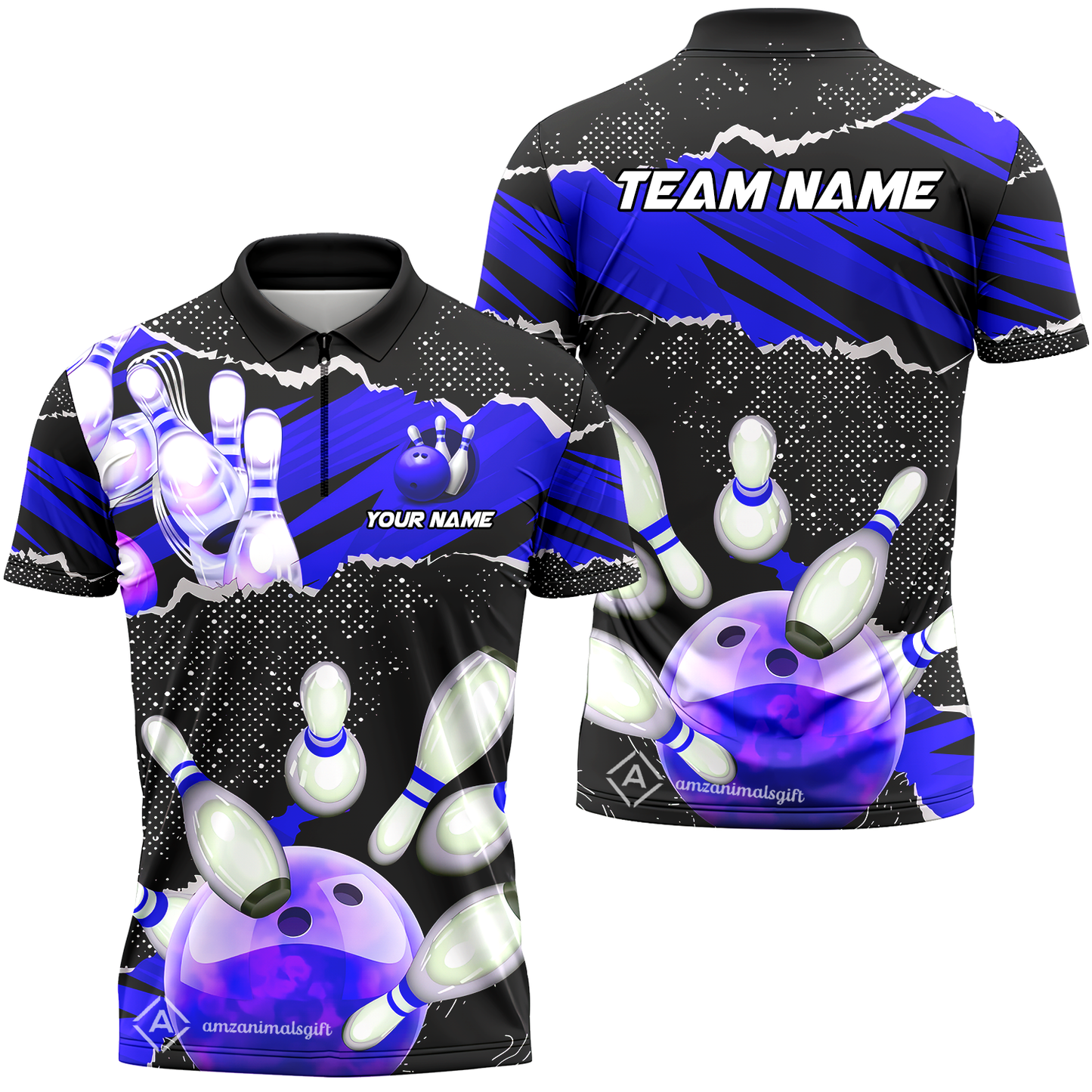 Personalized Bowling Team Quarter-Zip Polo Shirt, Bowling Uniforms Ball & Pins Sport Pattern Custom Name And Team Name