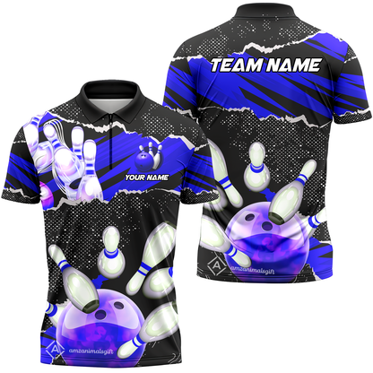 Personalized Bowling Team Quarter-Zip Polo Shirt, Bowling Uniforms Ball & Pins Sport Pattern Custom Name And Team Name