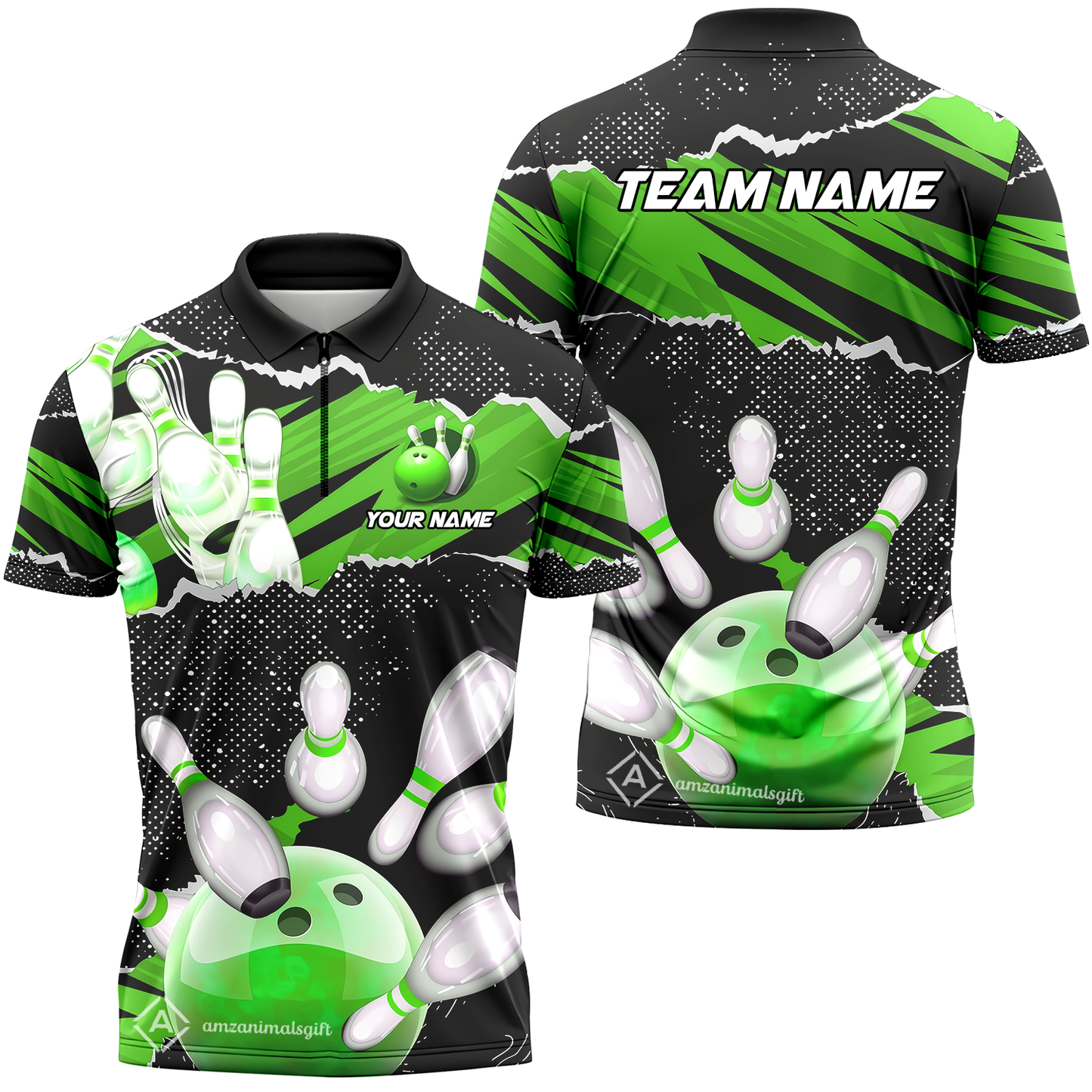 Personalized Bowling Team Quarter-Zip Polo Shirt, Bowling Uniforms Ball & Pins Sport Pattern Custom Name And Team Name