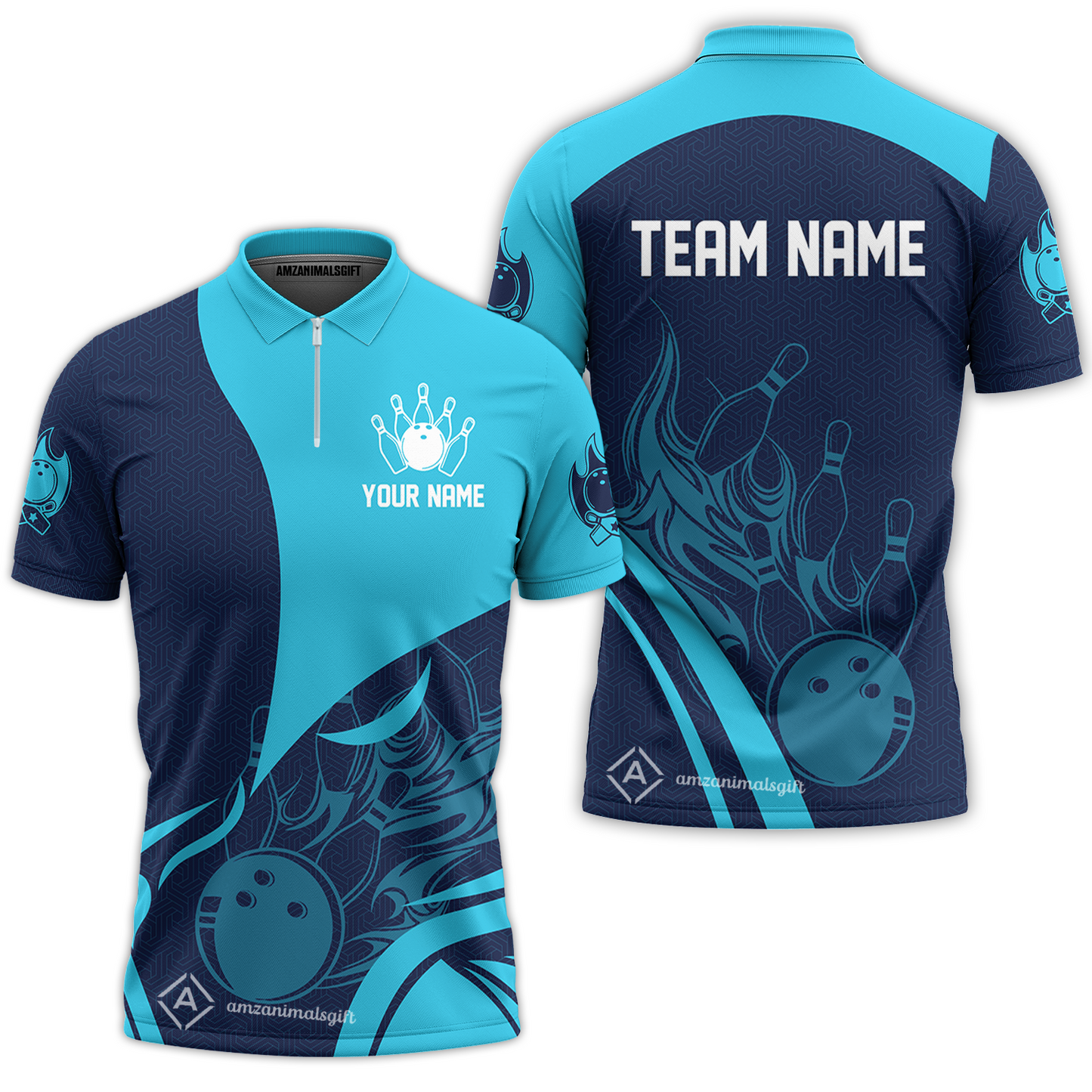 Customized Bowling Quarter-Zip Polo Shirt, Flame Bowling Multicolor Custom Team Uniform Zip Polo, Jersey for Bowlers