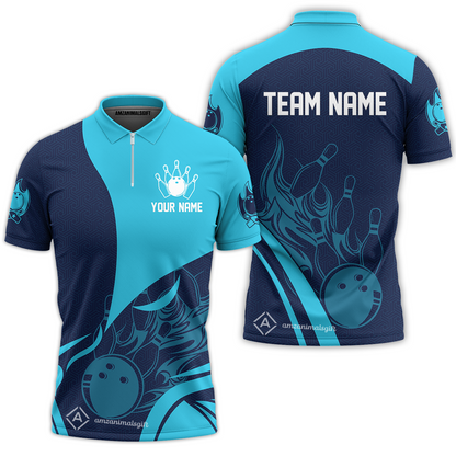 Customized Bowling Quarter-Zip Polo Shirt, Flame Bowling Multicolor Custom Team Uniform Zip Polo, Jersey for Bowlers