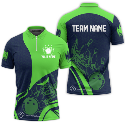 Customized Bowling Quarter-Zip Polo Shirt, Flame Bowling Multicolor Custom Team Uniform Zip Polo, Jersey for Bowlers