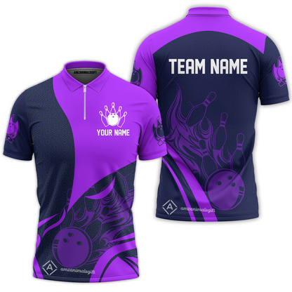 Customized Bowling Quarter-Zip Polo Shirt, Flame Bowling Multicolor Custom Team Uniform Zip Polo, Jersey for Bowlers