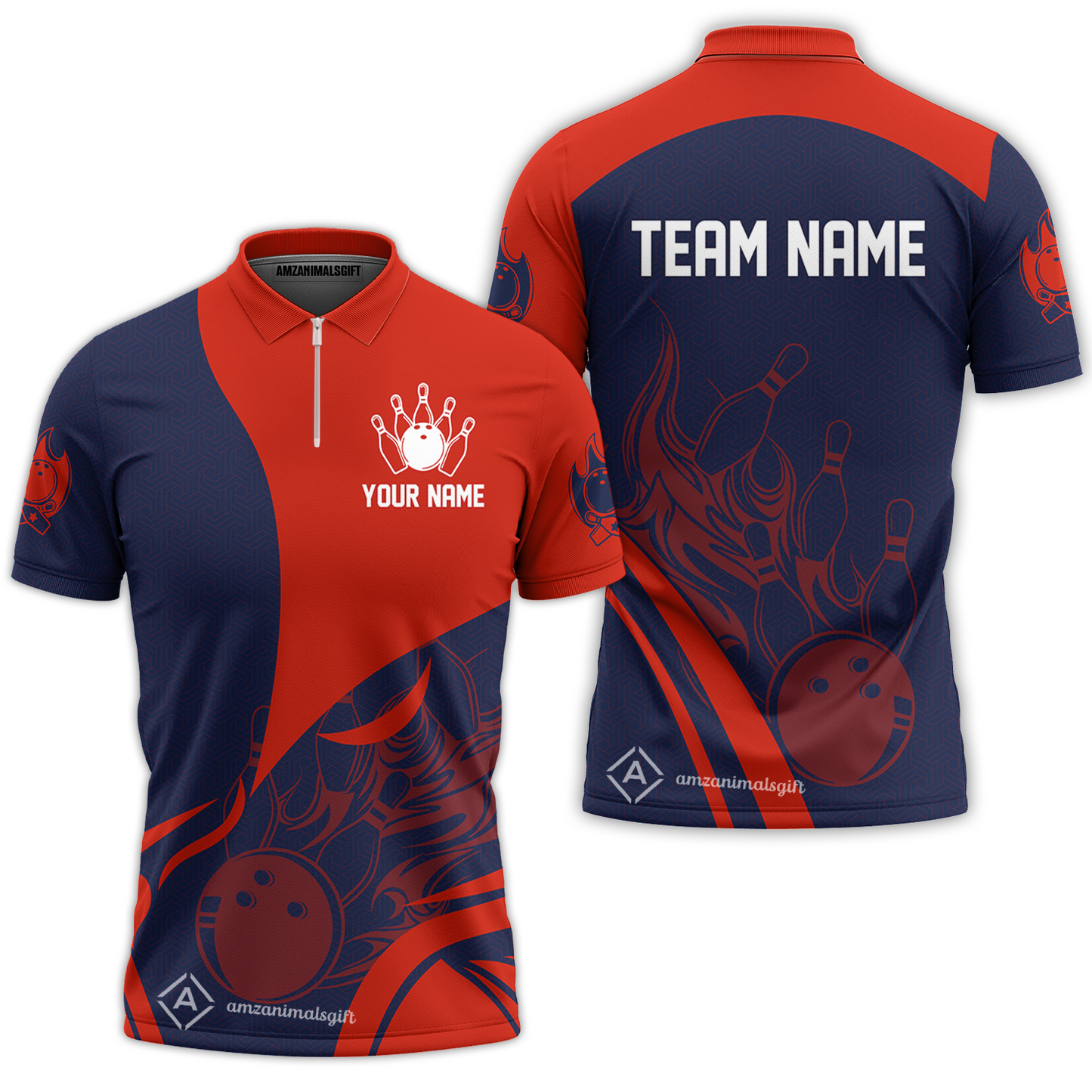 Customized Bowling Quarter-Zip Polo Shirt, Flame Bowling Multicolor Custom Team Uniform Zip Polo, Jersey for Bowlers