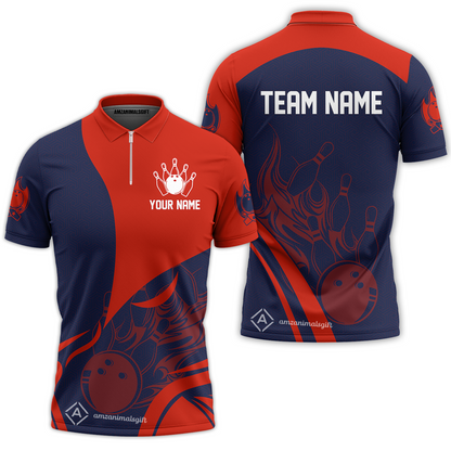 Customized Bowling Quarter-Zip Polo Shirt, Flame Bowling Multicolor Custom Team Uniform Zip Polo, Jersey for Bowlers
