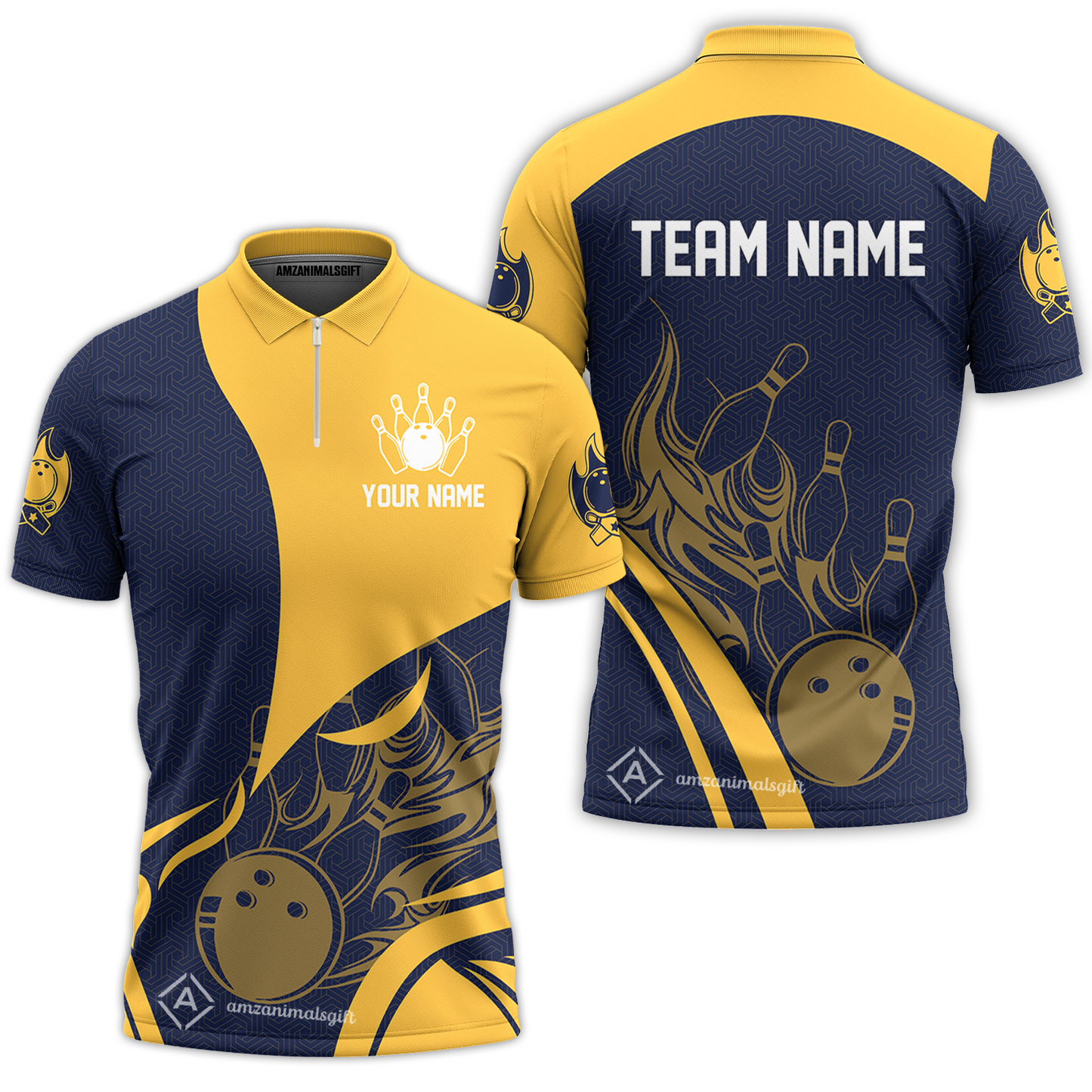 Customized Bowling Quarter-Zip Polo Shirt, Flame Bowling Multicolor Custom Team Uniform Zip Polo, Jersey for Bowlers