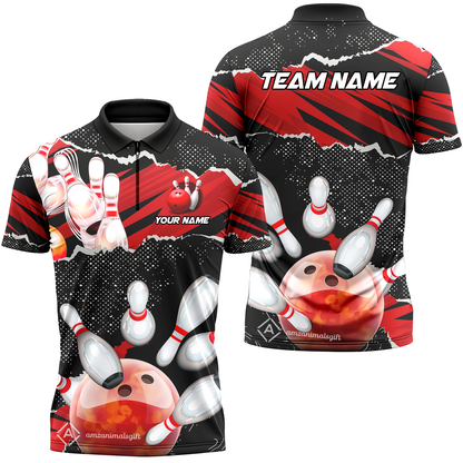 Personalized Bowling Team Quarter-Zip Polo Shirt, Bowling Uniforms Ball & Pins Sport Pattern Custom Name And Team Name