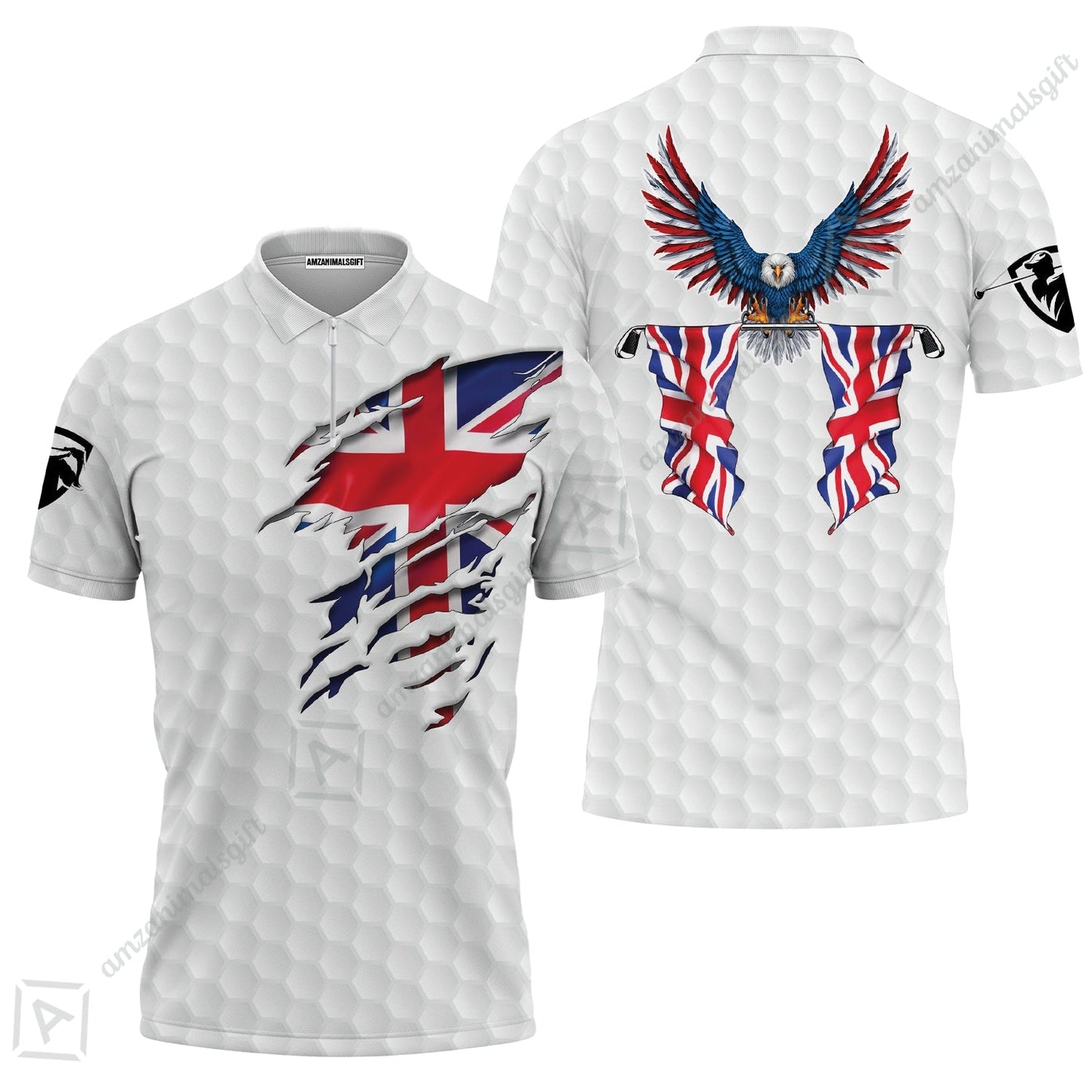 United Kingdom Eagle Flag Zip Polo Shirt, Golf Pattern Ripped Great Britain Jack Shirt, UK Golf Zip Polo Shirt