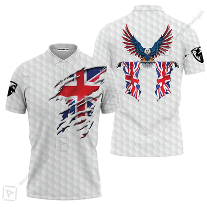 United Kingdom Eagle Flag Zip Polo Shirt, Golf Pattern Ripped Great Britain Jack Shirt, UK Golf Zip Polo Shirt