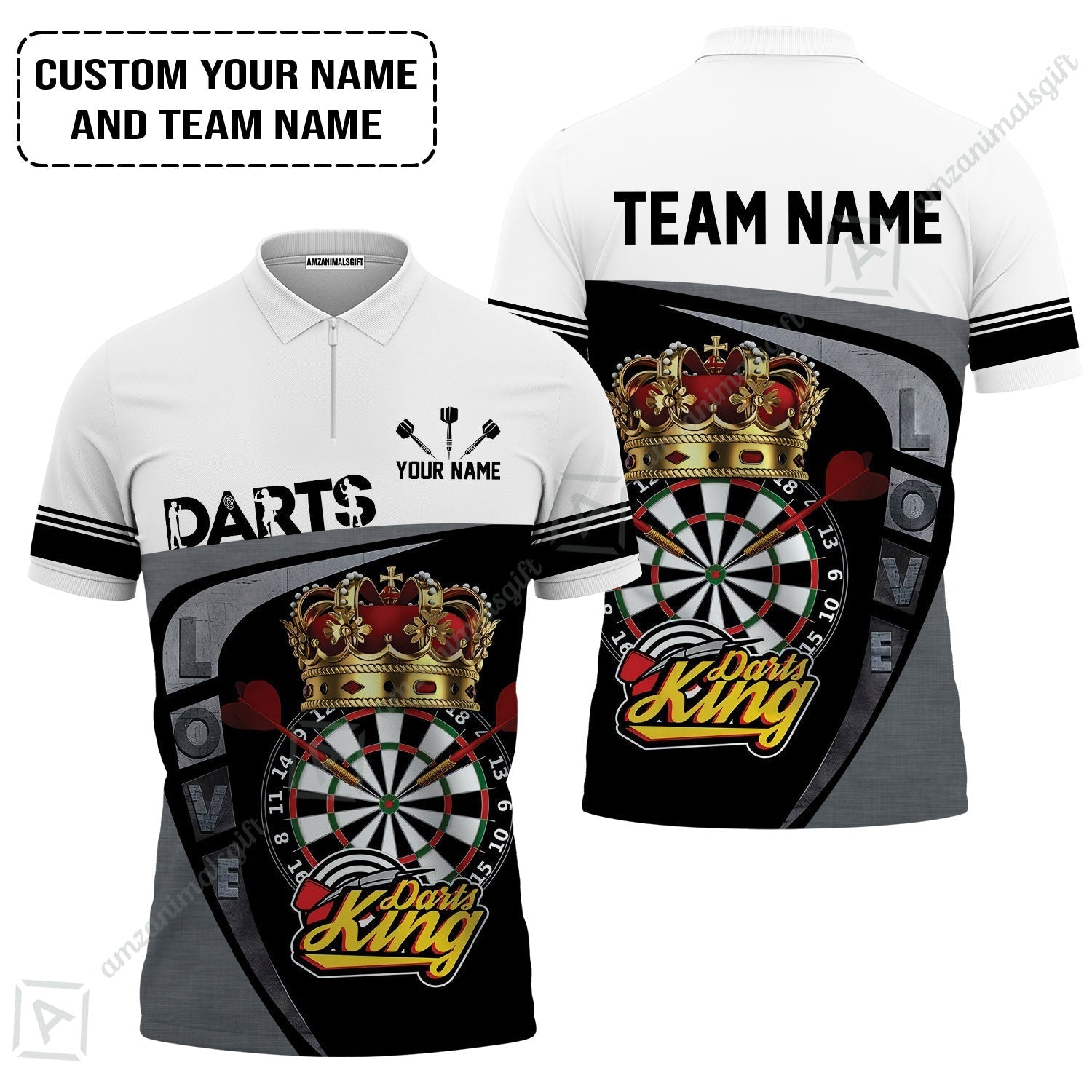 Customized Name & Text Darts Zip Polo Shirt, Darts King Personalized Name Darts Uniforms Zip Polo Shirt