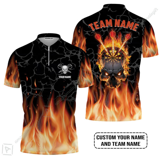 Personalized Darts Zip Polo Shirt - Custom Name & Team Name Orange Flame Skull Darts Zip Polo Shirt