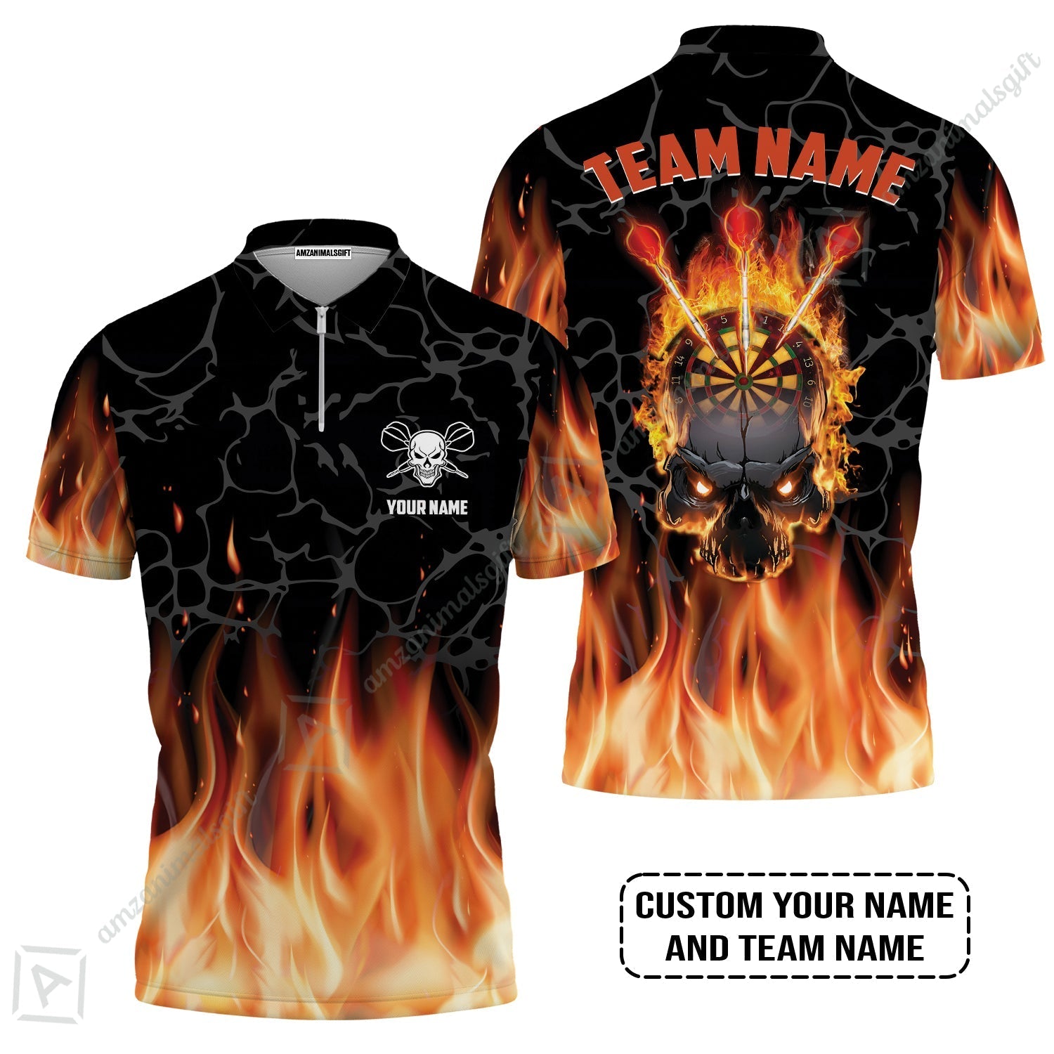 Personalized Darts Zip Polo Shirt - Custom Name & Team Name Orange Flame Skull Darts Zip Polo Shirt