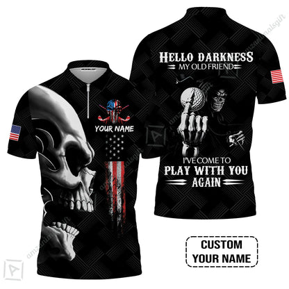 Personalized Golf Long Polo Shirt - Custom Name Skull Shirt, Golf American Flag Hello Darkness My Old Friend Long Polo Shirt