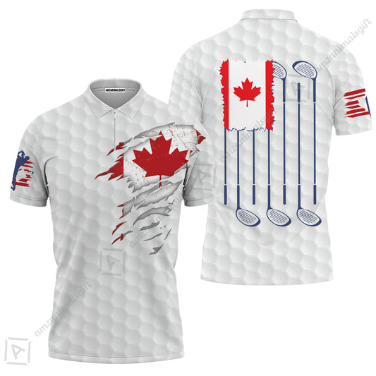 Golf Canada Flag Zip Polo Shirt, Red Maple Leaf Golfing Shirt, Canadian Golf Zip Polo Shirt