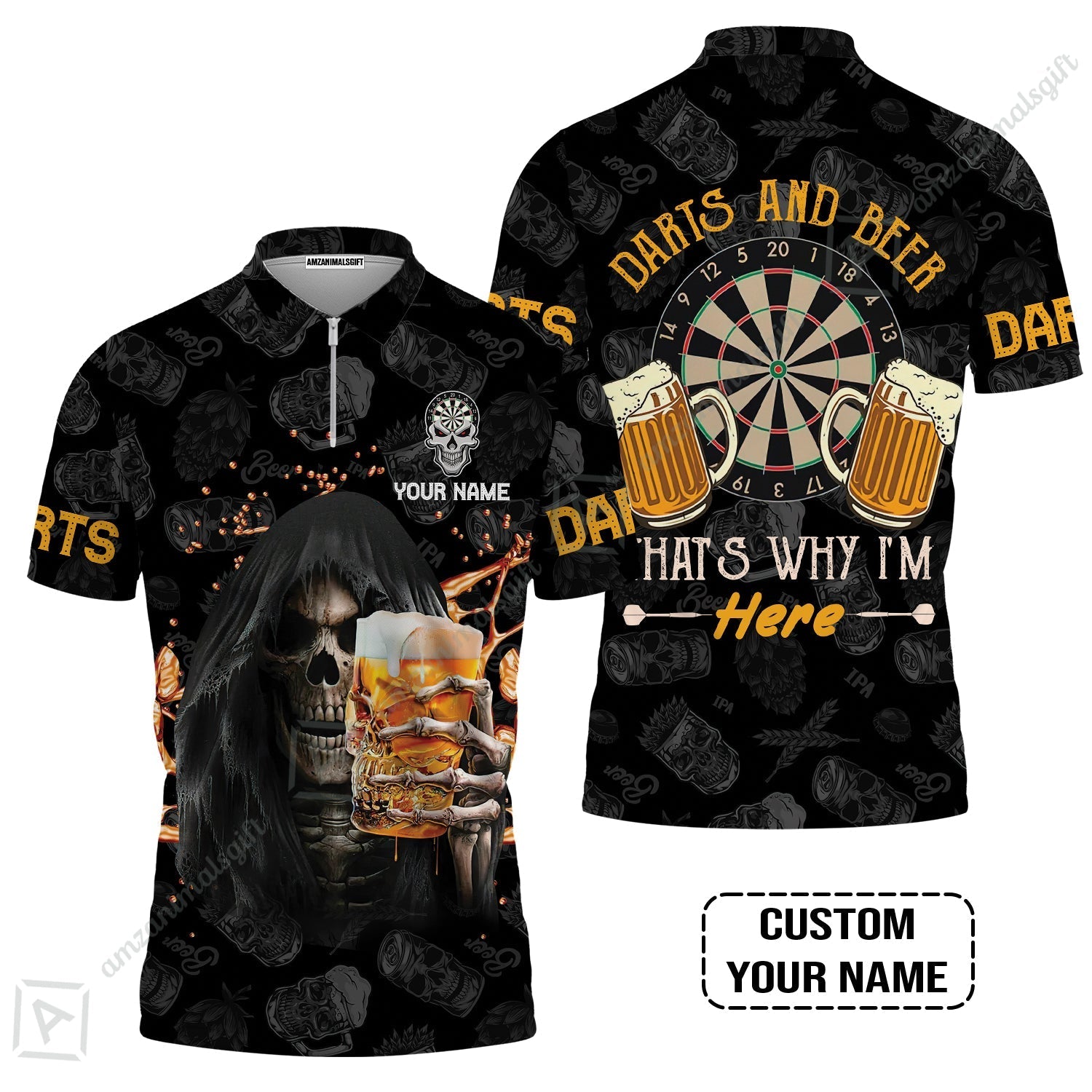 Customized Name Darts Zip Polo Shirt, Darts And Beer That's Why I'm Here Personalized Skull And Darts Zip Polo Shirt