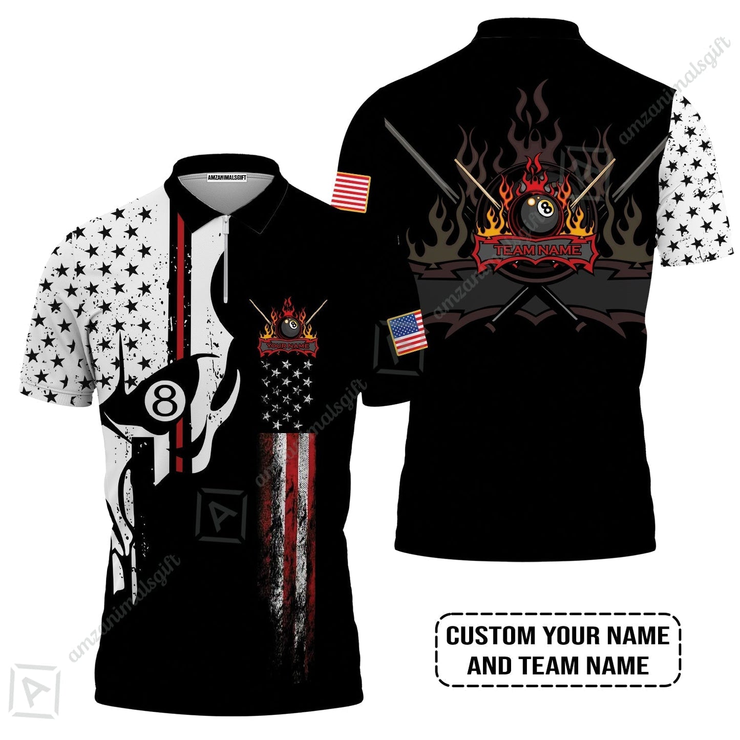 Billiards Custom Hawaiian Shirt- 8-ball Skull Billiards Pool Custom Hawaiian Shirt, Personalized American Flag Billiards Hawaiian Shirt