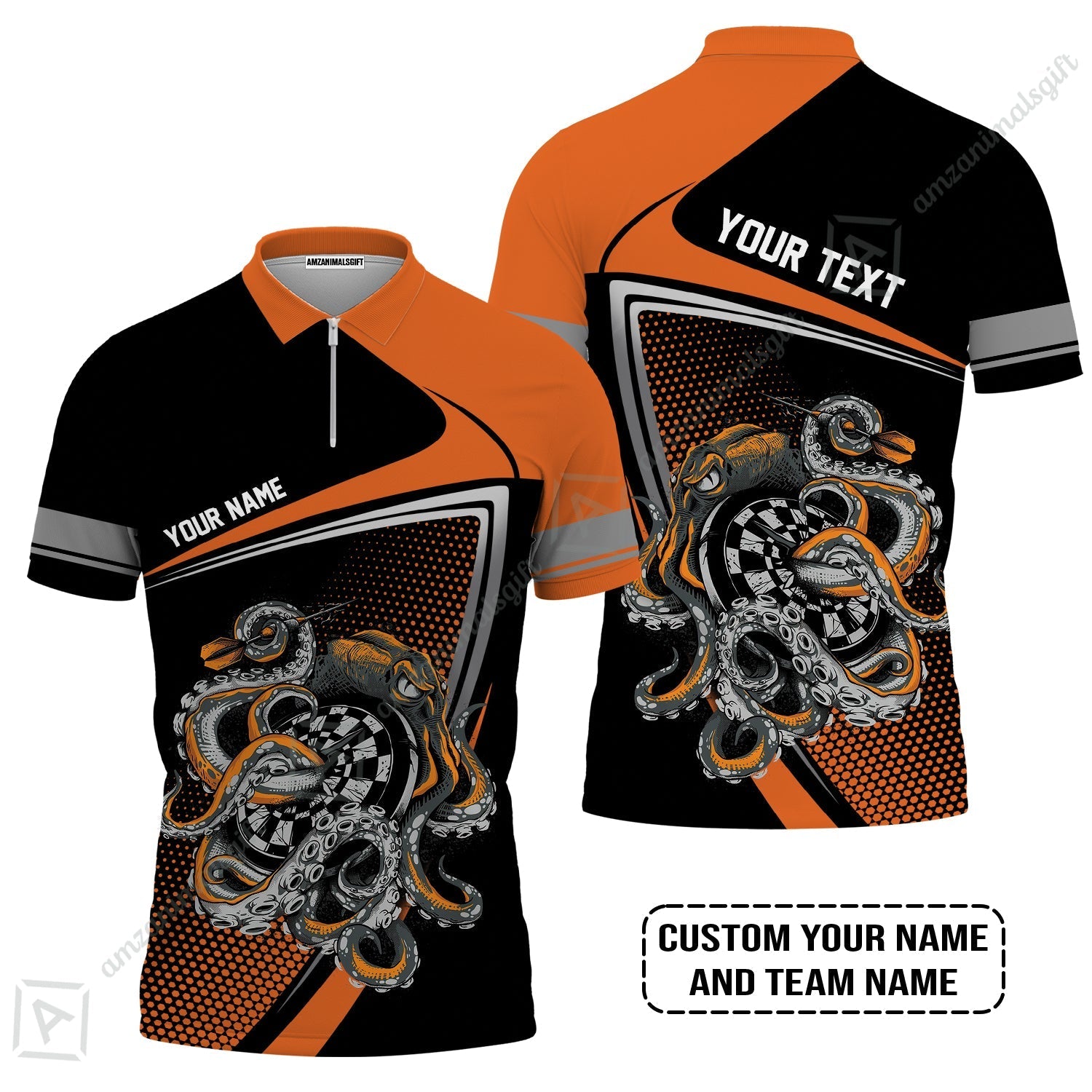 Customized Name & Text Darts Zip Polo Shirt, Personalized Darts And Octopus Zip Polo Shirt