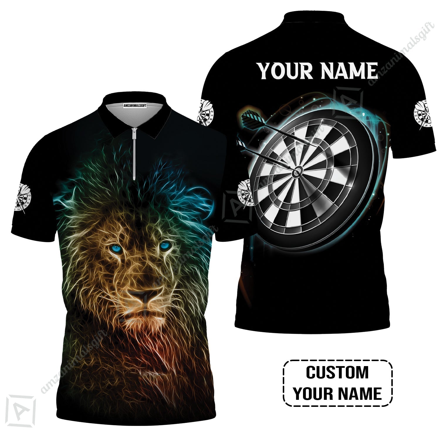 Customized Name Darts Zip Polo Shirt, Blue Bullseye Dartboard Personalized Lion And Darts Zip Polo Shirt