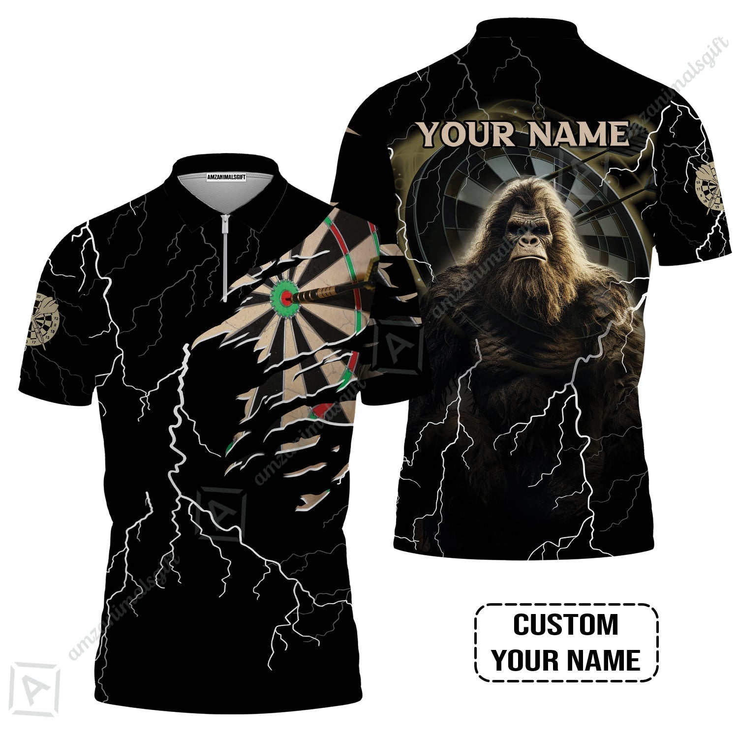 Customized Name Darts Zip Polo Shirt, Bullseye Dartboard Personalized Bigfoot And Darts Zip Polo Shirt